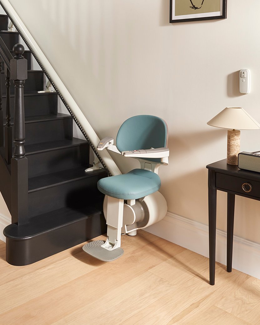 A beautiful flow x stairlift with blue seat